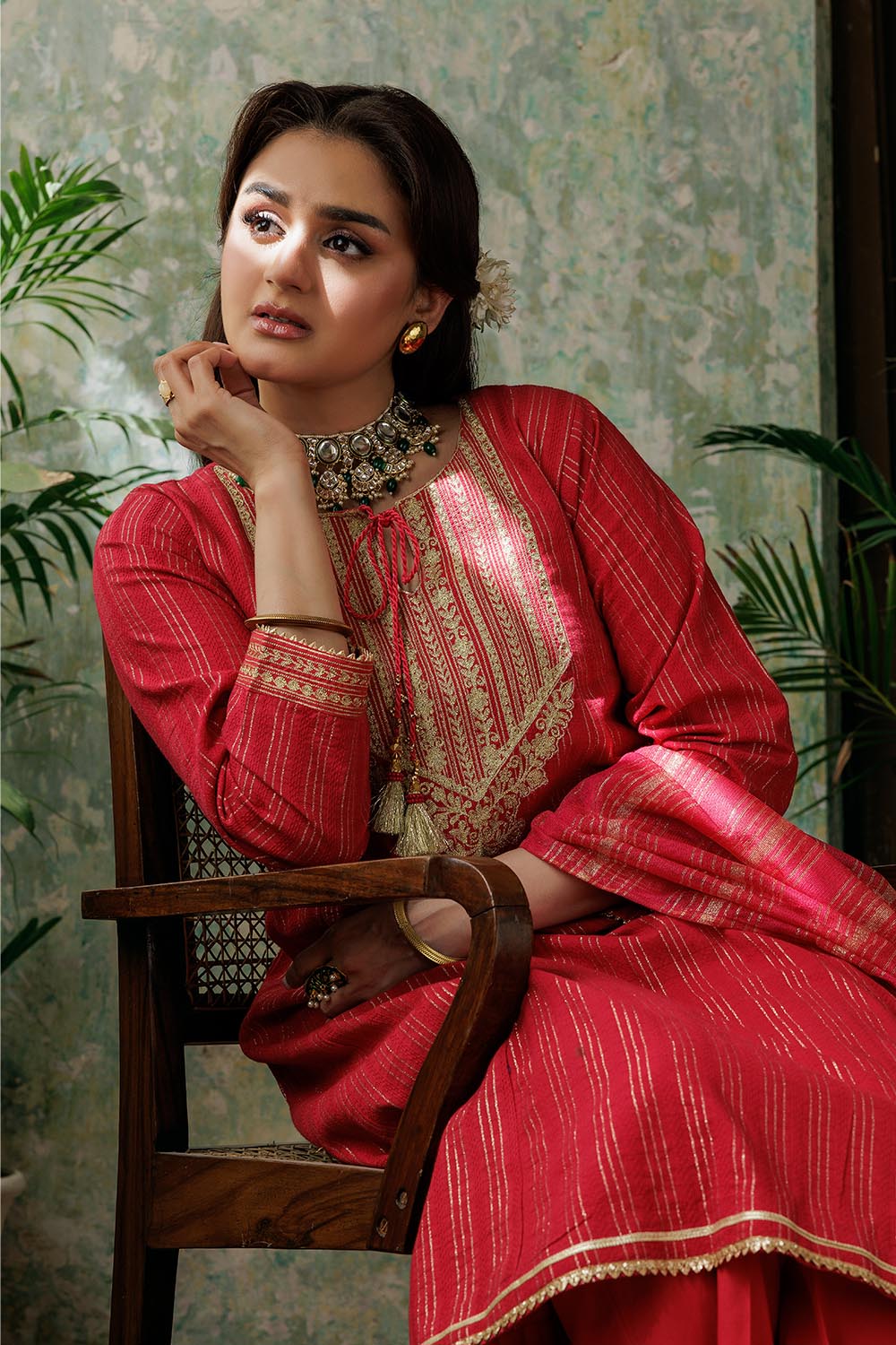 Senorita Women RTW Women Solids Red and Gold Casual Plus 3 Piece Suit Cotton Dobby LBD-02974 - Winter Collection