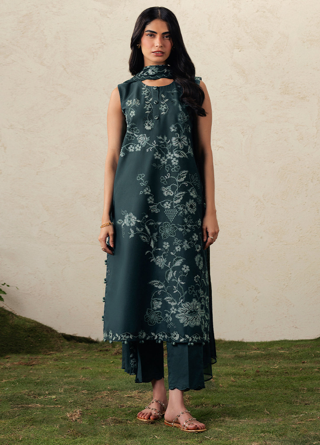 Moonsoon Edit by Cross Stitch Unstitched Embroidered Cambric 3 Piece Suit CS26UCM Emerald Teal - Casual Collection