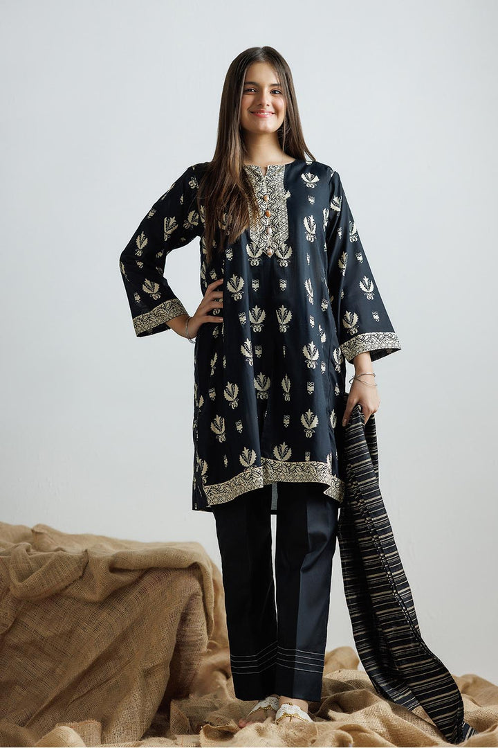 Senorita Girls Ready to Wear Girls Black and Fawn Casual 3 Piece Suit Cotton Lawn Printed GAD-03160 - Summer Collection