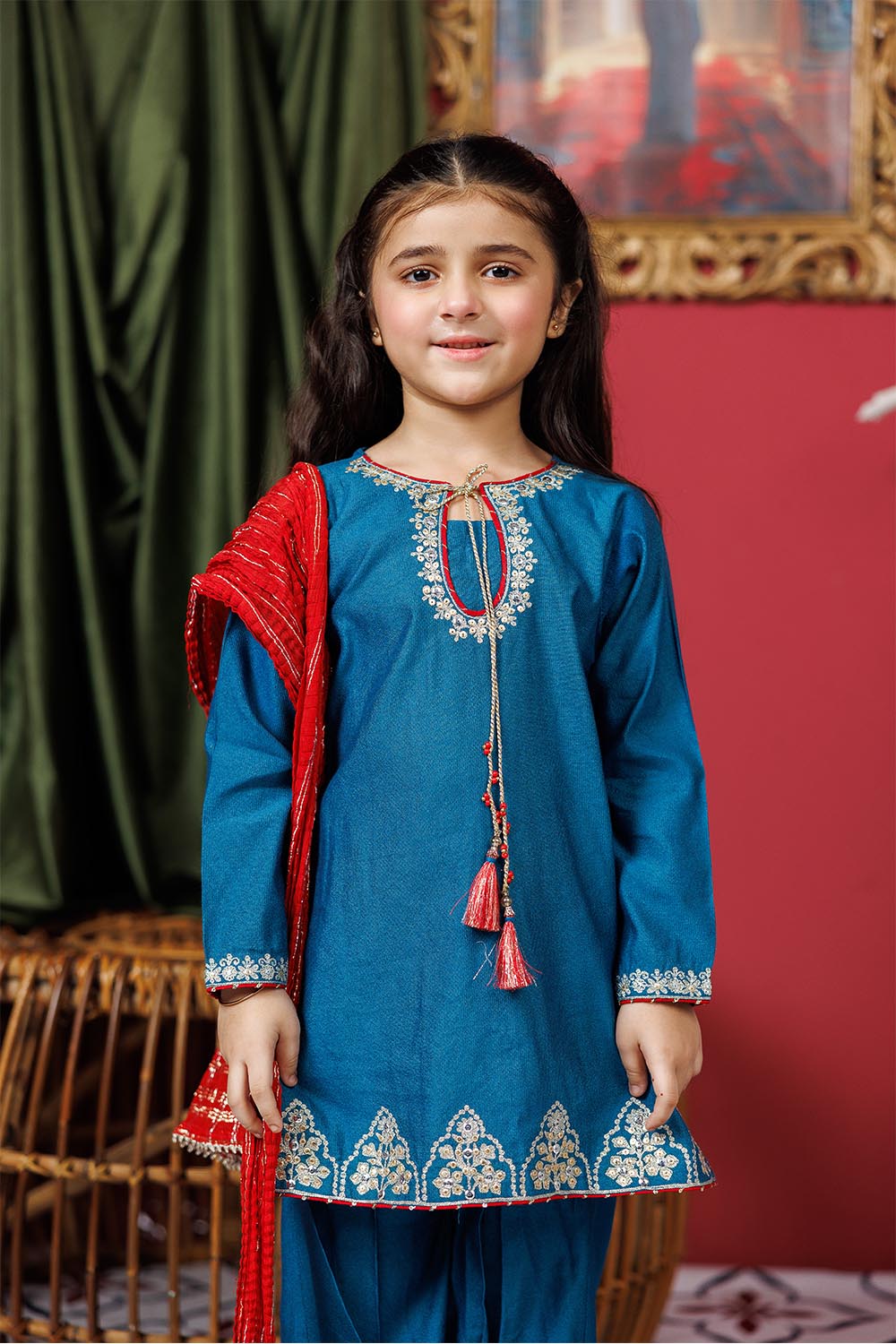 Senorita Kids RTW Turquoise Blue and Golden Formal 3 Piece Suit Viscose Chambray Katan KDD-03071 - Summer Collection
