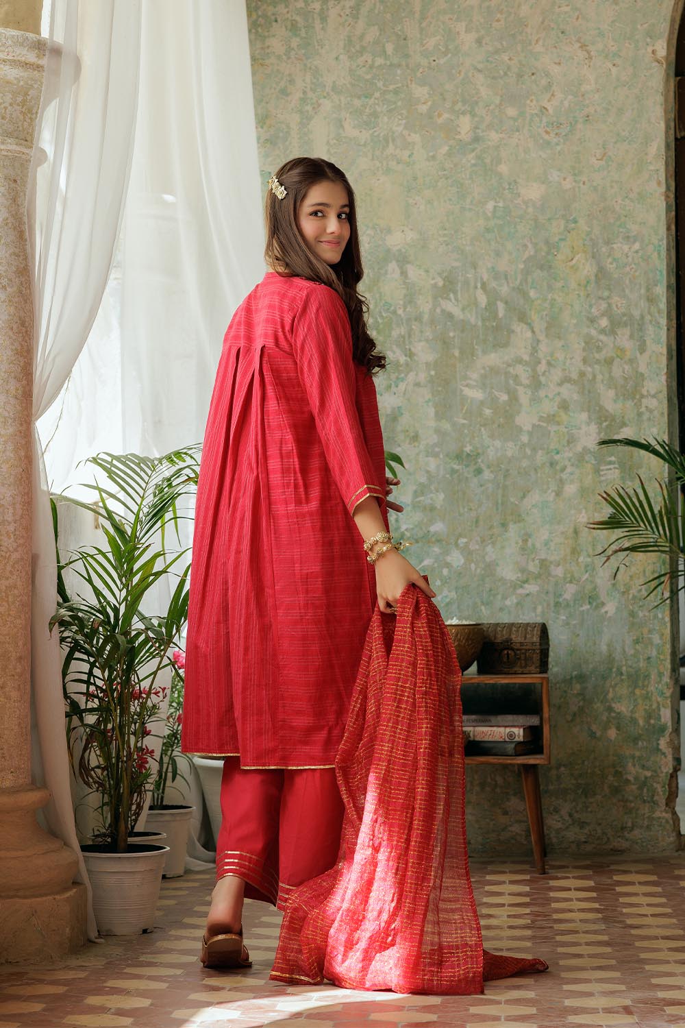 Senorita Girls Ready to Wear Girls Red and Gold Casual 3 Piece Suit Cotton Dobby Solids GBD-02975 - Summer Collection