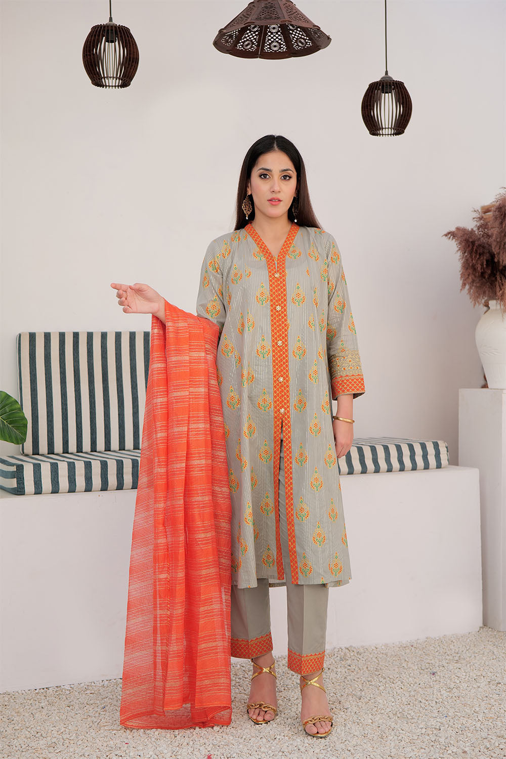 Senorita Women RTW Women Solids Grey and Multicolor Casual Plus 3 Piece Suit Cotton Dye Over Gold LBD-03036 - Summer Collection