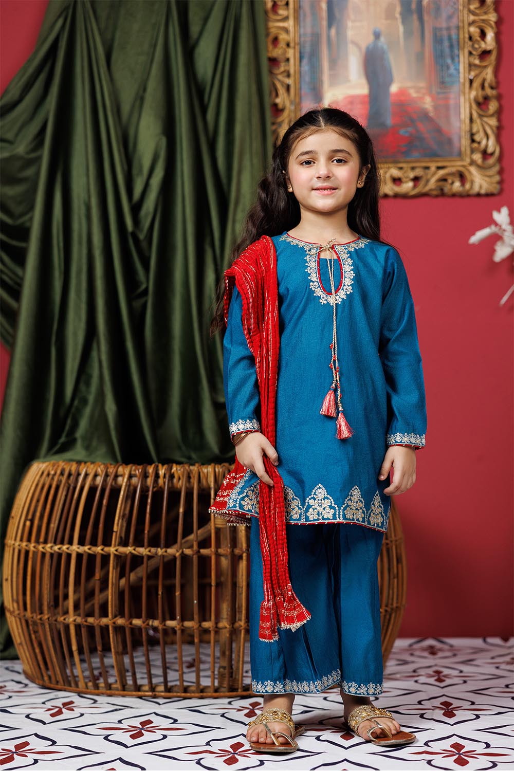 Senorita Kids RTW Turquoise Blue and Golden Formal 3 Piece Suit Viscose Chambray Katan KDD-03071 - Summer Collection