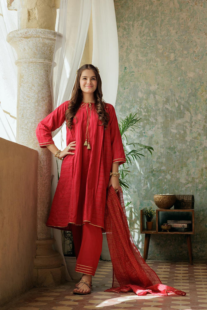 Senorita Girls Ready to Wear Girls Red and Gold Casual 3 Piece Suit Cotton Dobby Solids GBD-02975 - Summer Collection