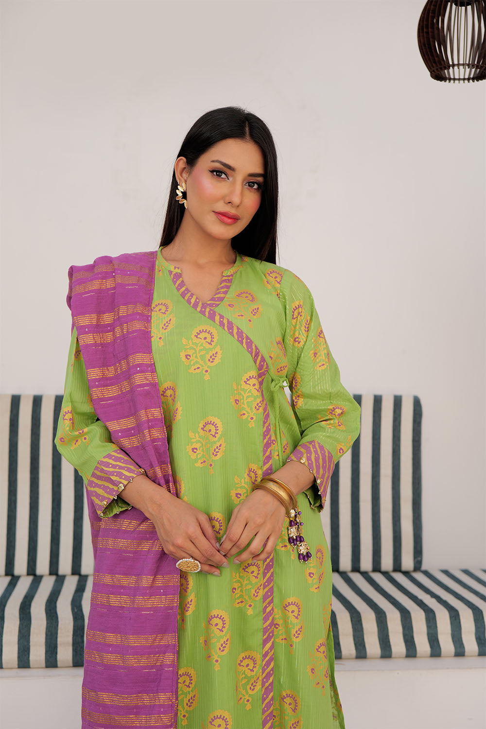 Senorita Women RTW Women Embroidered Parrot Green and Multicolor Casual Plus 3 Piece Suit Cotton Dye over Gold LBD-03021 - Summer Collection