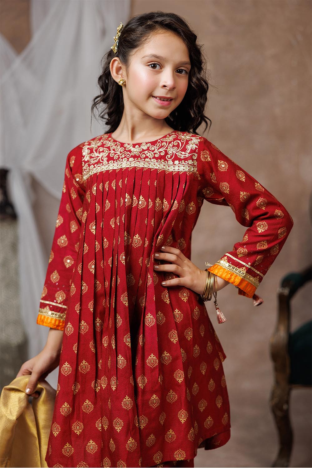 Senorita Kids RTW Maroon and Gold Formal 3 Piece Suit Viscose Chambray Silk KDD-03016 - Winter Collection
