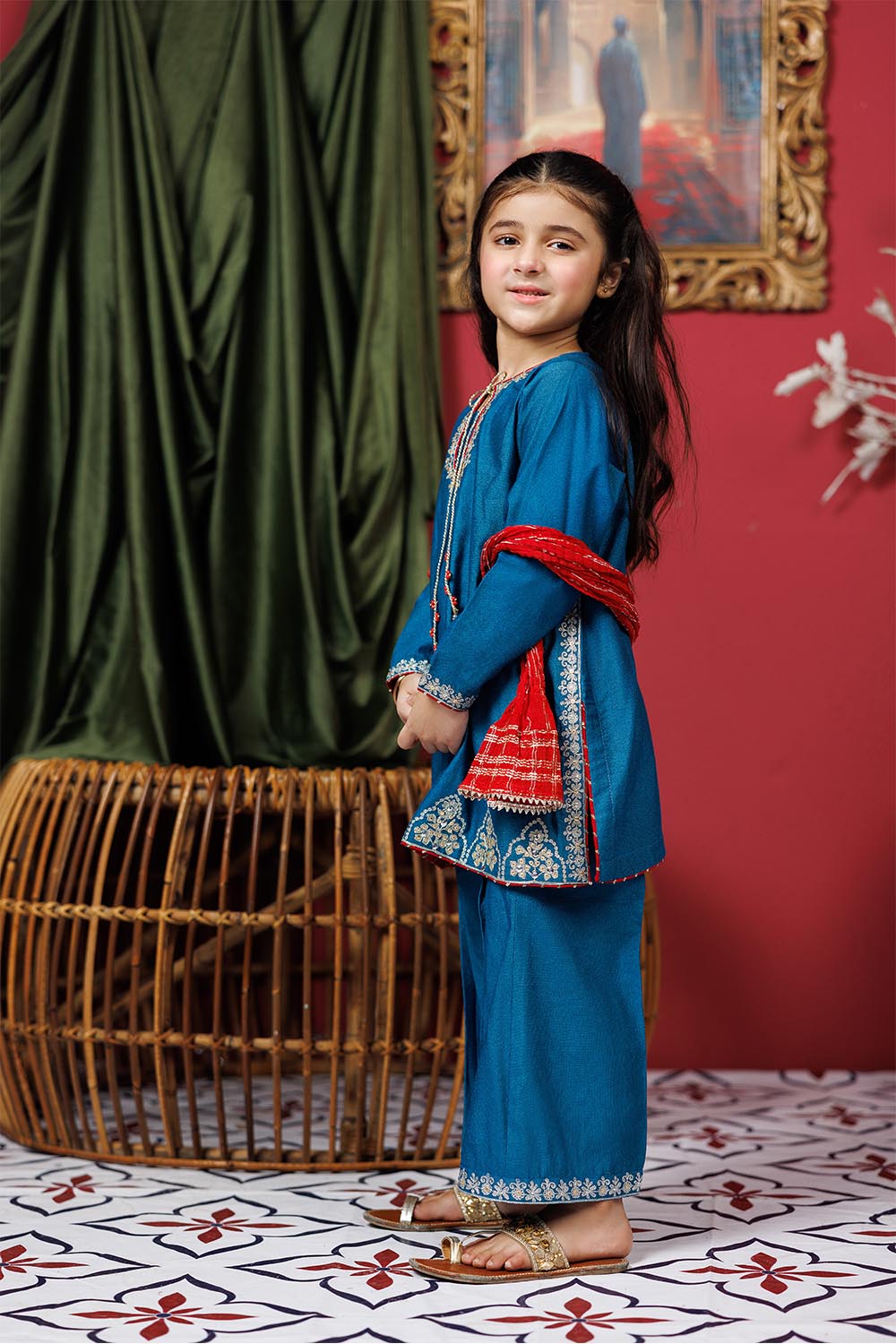 Senorita Kids RTW Turquoise Blue and Golden Formal 3 Piece Suit Viscose Chambray Katan KDD-03071 - Summer Collection