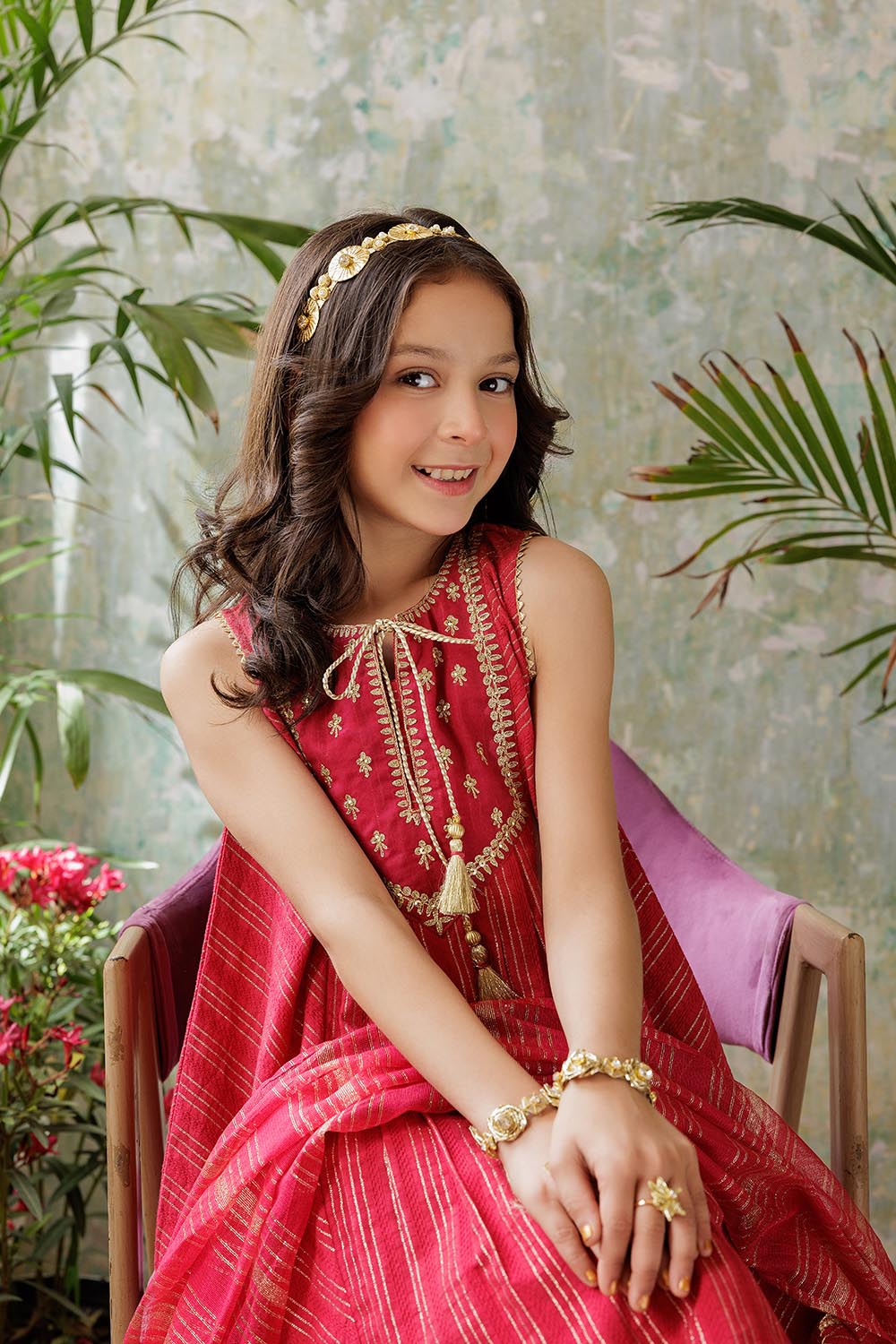 Senorita Kids RTW Red and Gold Casual Plus 3 Piece Suit Viscose Dobby KBD-02917 - Summer Collection