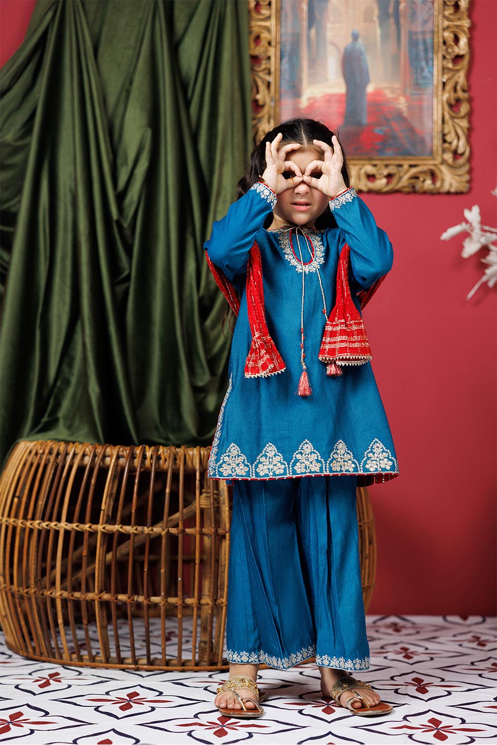 Senorita Kids RTW Turquoise Blue and Golden Formal 3 Piece Suit Viscose Chambray Katan KDD-03071 - Summer Collection