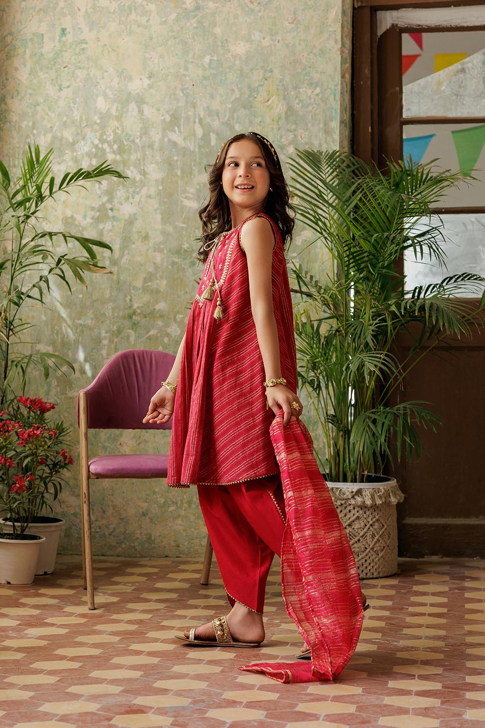 Senorita Kids RTW Red and Gold Casual Plus 3 Piece Suit Viscose Dobby KBD-02917 - Summer Collection