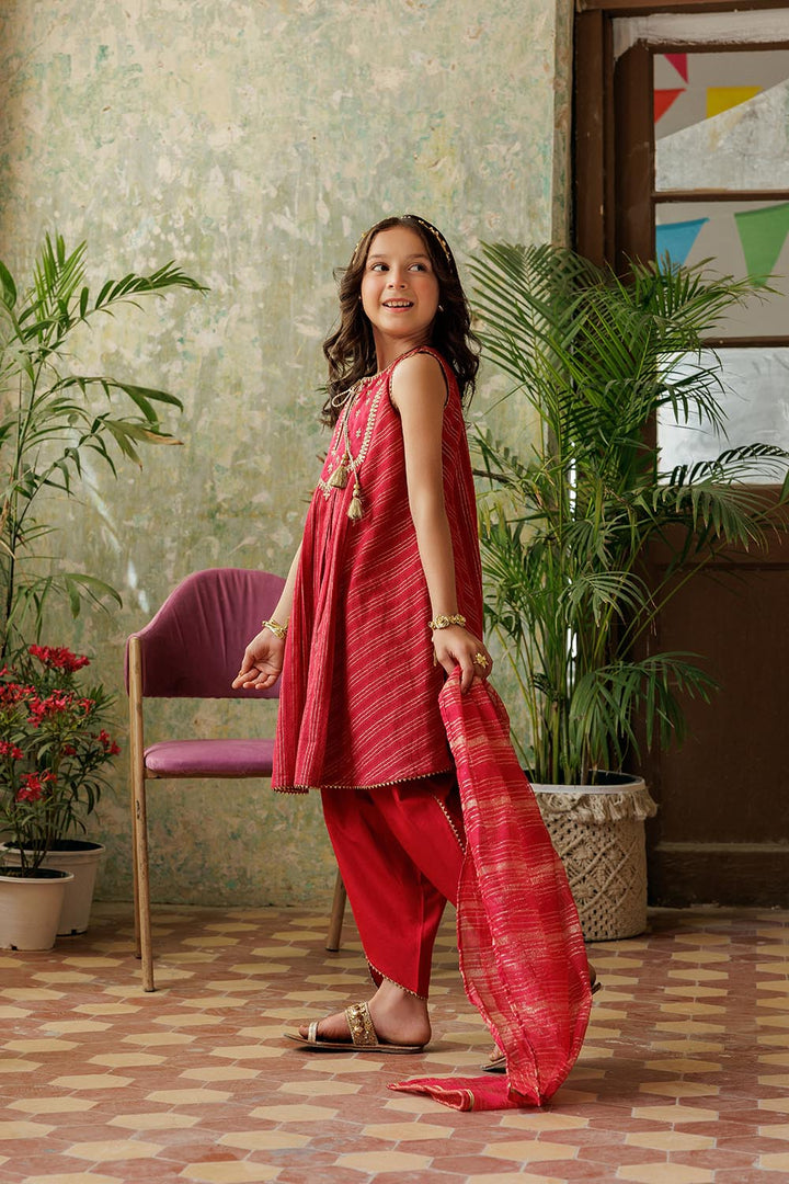 Senorita Kids RTW Red and Gold Casual Plus 3 Piece Suit Viscose Dobby KBD-02917 - Summer Collection