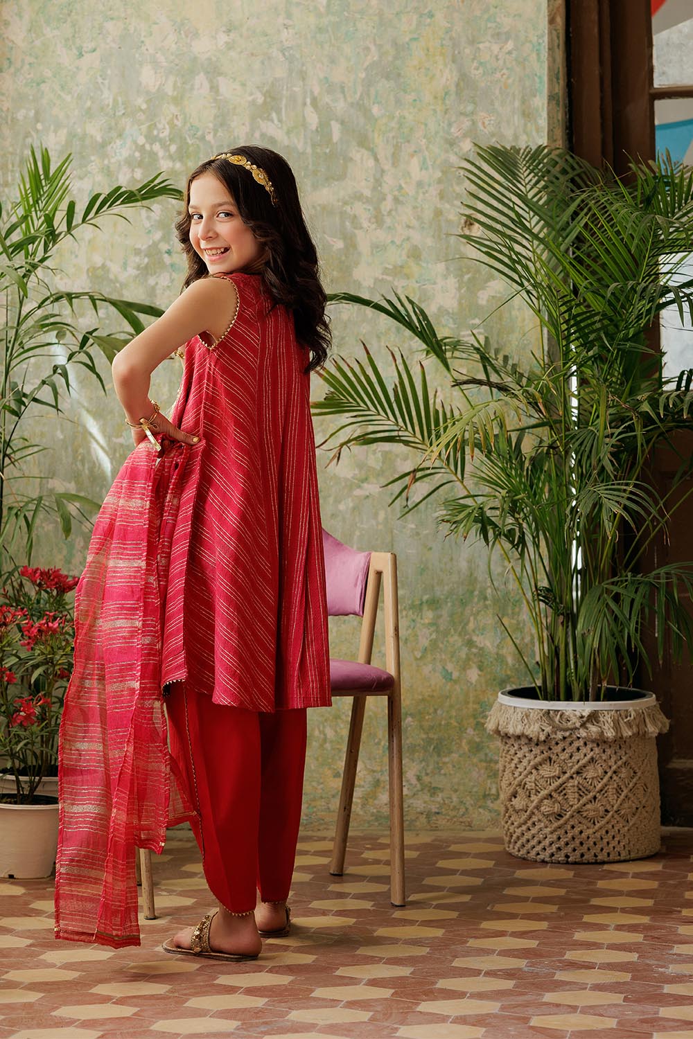 Senorita Kids RTW Red and Gold Casual Plus 3 Piece Suit Viscose Dobby KBD-02917 - Summer Collection