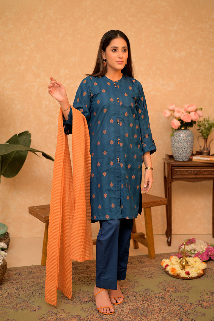 Senorita Women RTW Women Printed Blue and Orange Casual 3 Piece Suit Cotton Jacquard LAD-02919 - Summer Collection