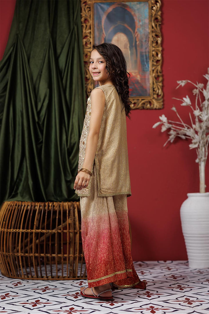 Senorita Kids RTW Kids formal clothes Beige and Gold Formal 3 Piece Suit Polyester Shimmer Crinkle KDD-03055 - Summer Collection