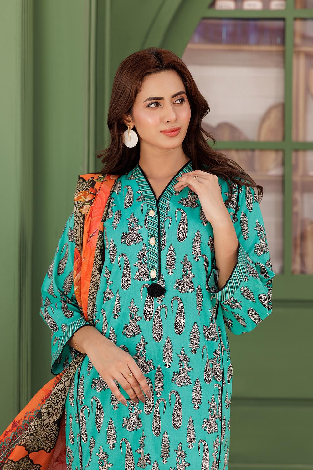 Senorita Women RTW Women Sea Green and Multicolor Casual 3 Piece Suit Cotton Lawn Printed LAD-03077 - Summer Collection