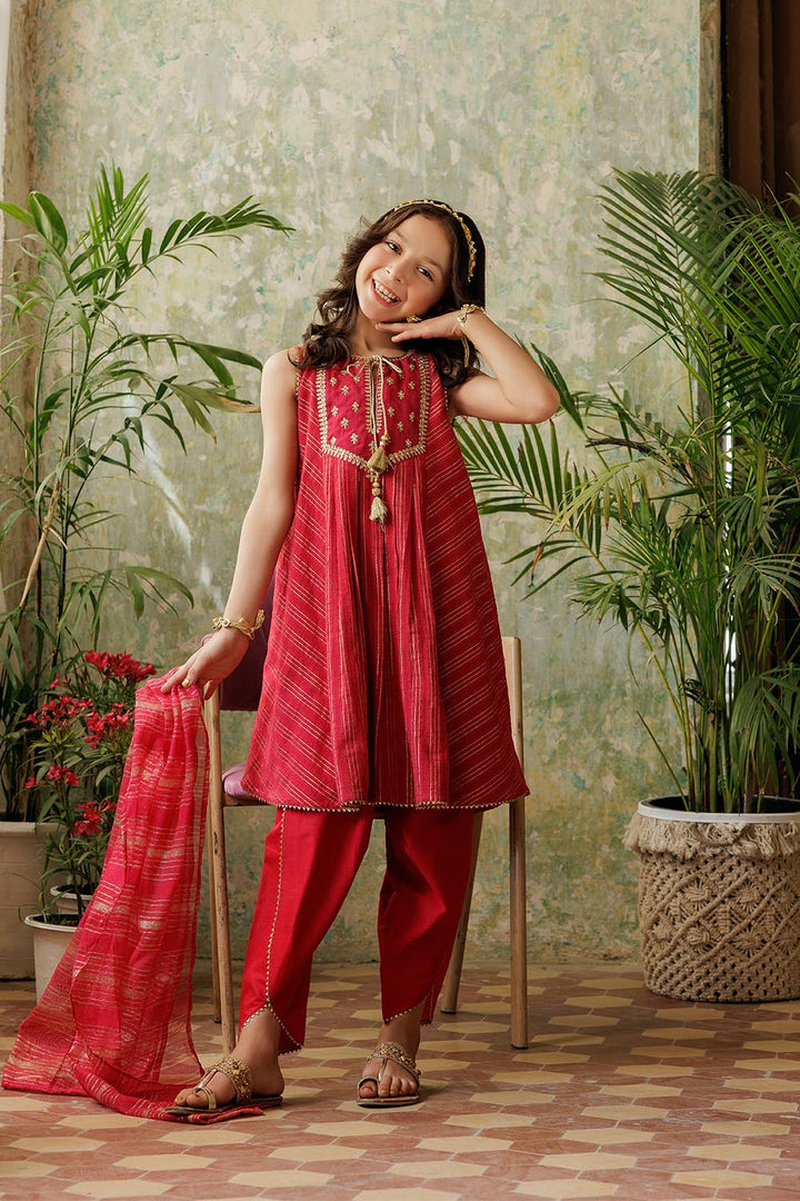 Senorita Kids RTW Red and Gold Casual Plus 3 Piece Suit Viscose Dobby KBD-02917 - Summer Collection