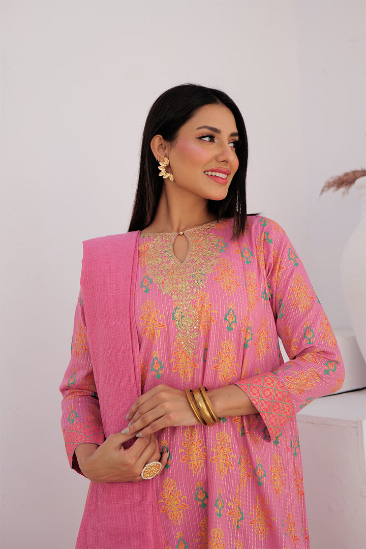 Senorita Women RTW Women Embroidered T.Pink and MultiColor Casual Plus 3 Piece Suit Cotton Dobby Dye over Gold LBD-02991 - Summer Collection