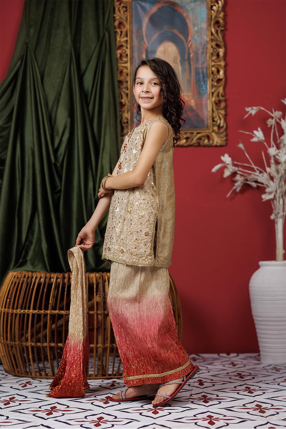 Senorita Kids RTW Kids formal clothes Beige and Gold Formal 3 Piece Suit Polyester Shimmer Crinkle KDD-03055 - Summer Collection