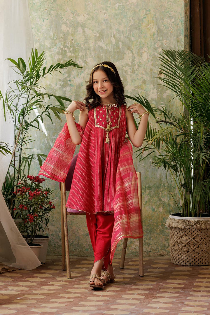 Senorita Kids RTW Red and Gold Casual Plus 3 Piece Suit Viscose Dobby KBD-02917 - Summer Collection