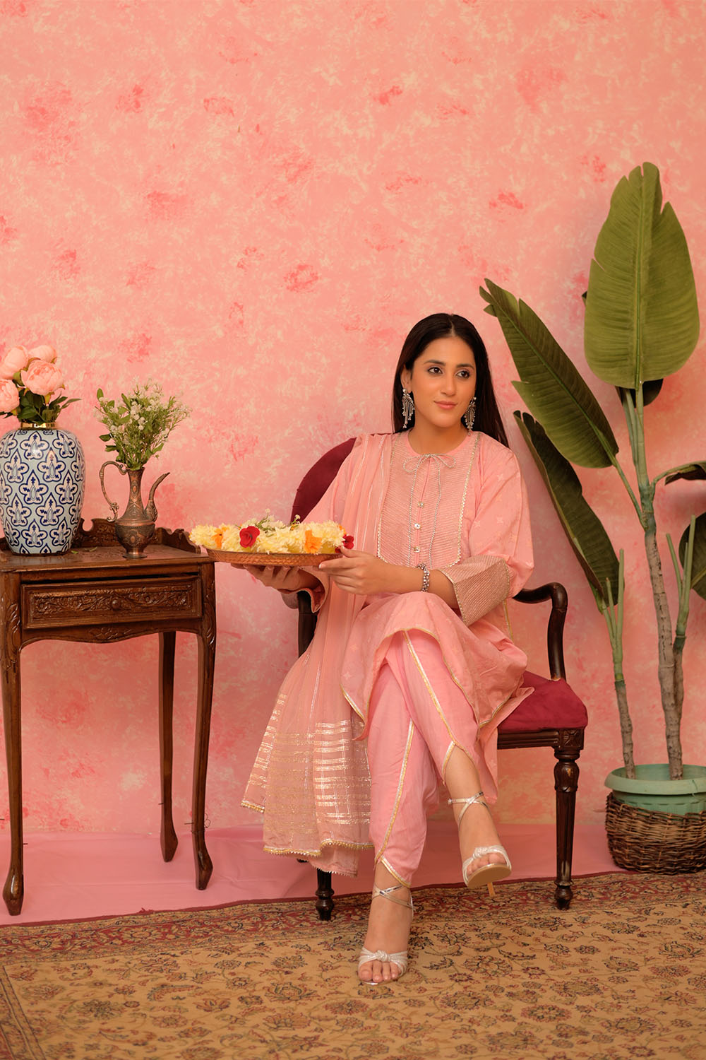 Senorita Women RTW Women Solids Pink and Gold Casual Plus 3 Piece Suit Cotton Viscose Filament Jacquard LBD-02893 - Winter Collection