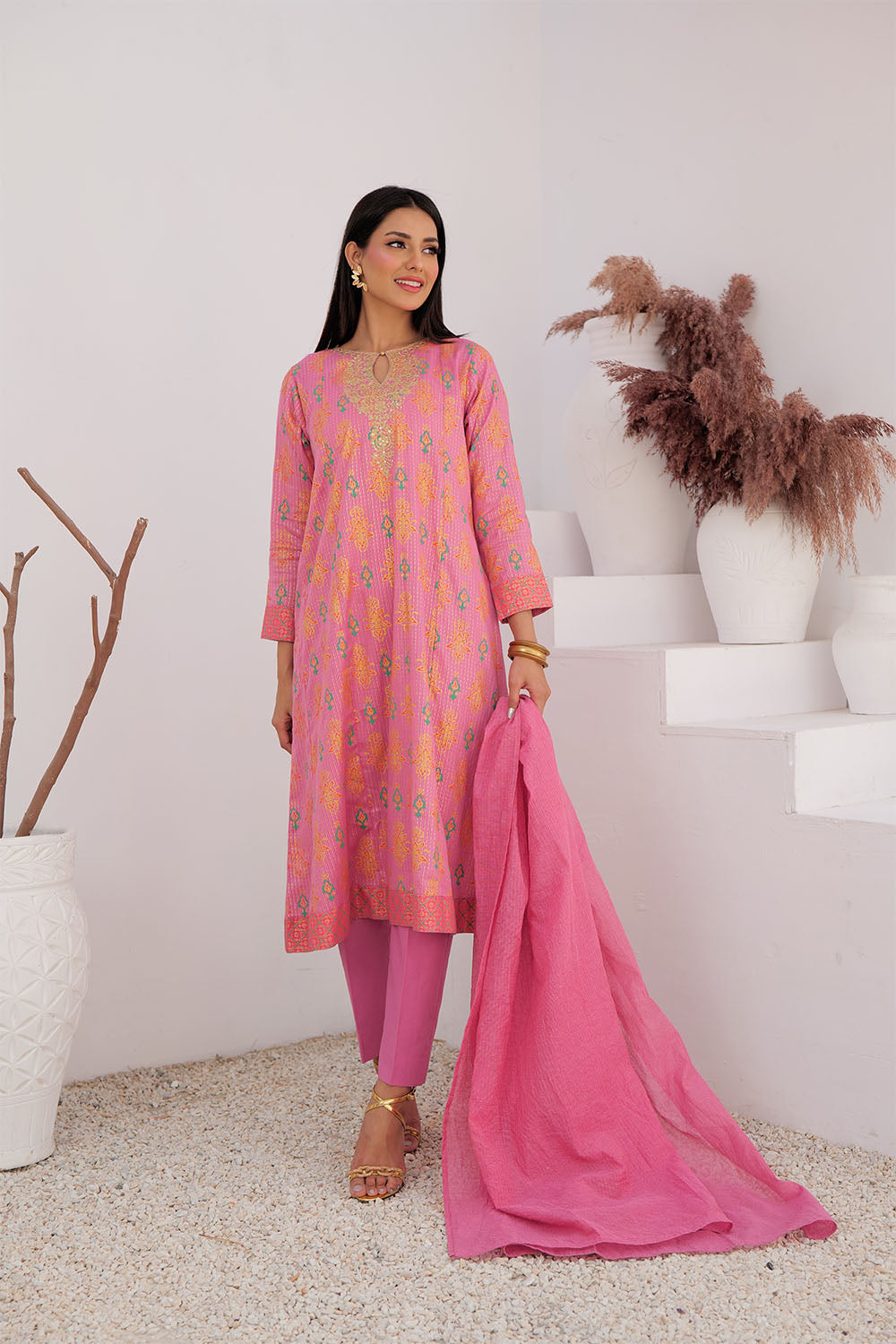 Senorita Women RTW Women Embroidered T.Pink and MultiColor Casual Plus 3 Piece Suit Cotton Dobby Dye over Gold LBD-02991 - Summer Collection