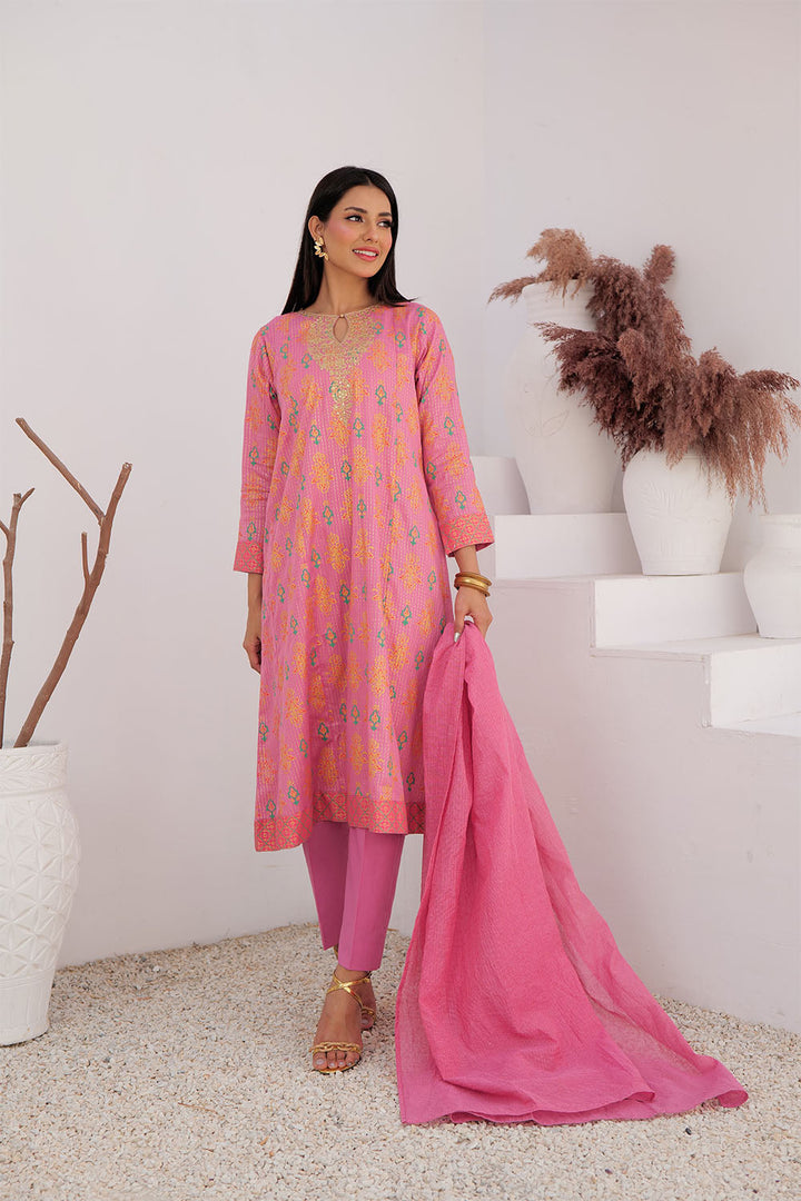 Senorita Women RTW Women Embroidered T.Pink and MultiColor Casual Plus 3 Piece Suit Cotton Dobby Dye over Gold LBD-02991 - Summer Collection