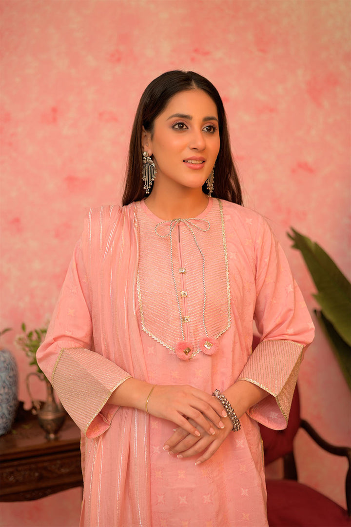 Senorita Women RTW Women Solids Pink and Gold Casual Plus 3 Piece Suit Cotton Viscose Filament Jacquard LBD-02893 - Winter Collection