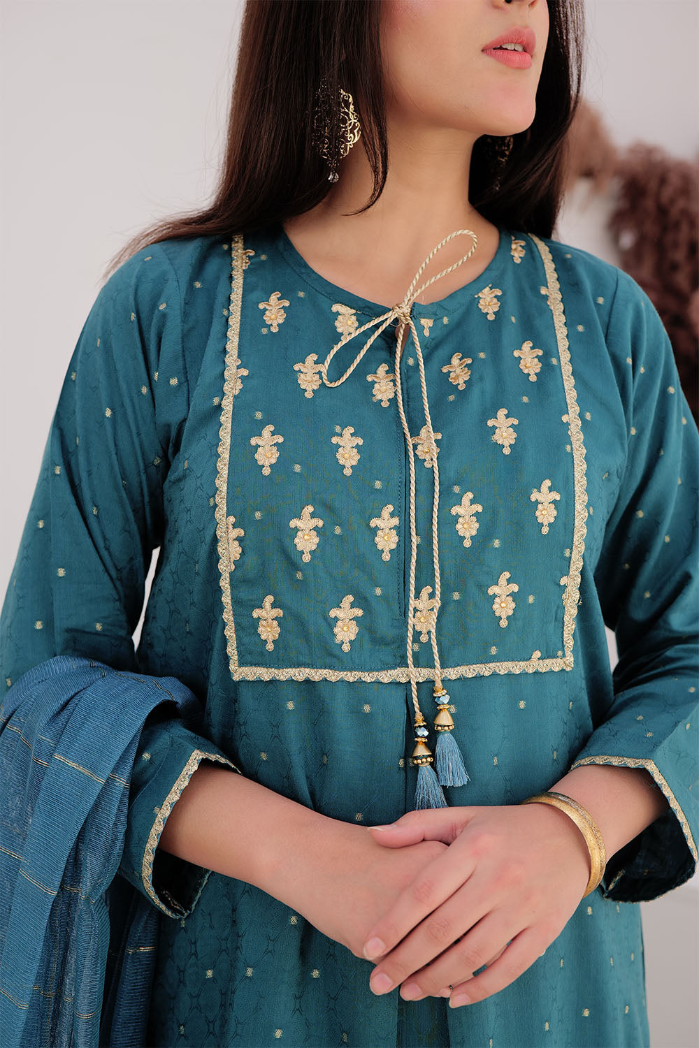 Senorita Women RTW Women Solids Turqouise Green and Gold Casual Plus 3 Piece Suit Cotton Viscose Filament Jacquard LBD-02709 - Winter Collection