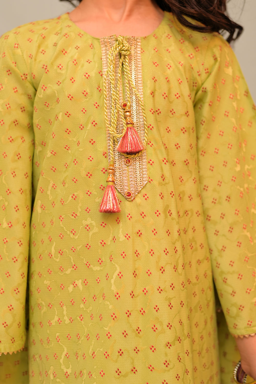 Senorita Kids RTW Parrot Green and Multicolor Casual Plus 3 Piece Suit Viscose Filament Jacquard KBD-02916 - Summer Collection