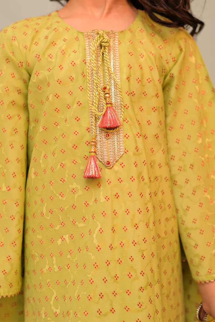 Senorita Kids RTW Parrot Green and Multicolor Casual Plus 3 Piece Suit Viscose Filament Jacquard KBD-02916 - Summer Collection