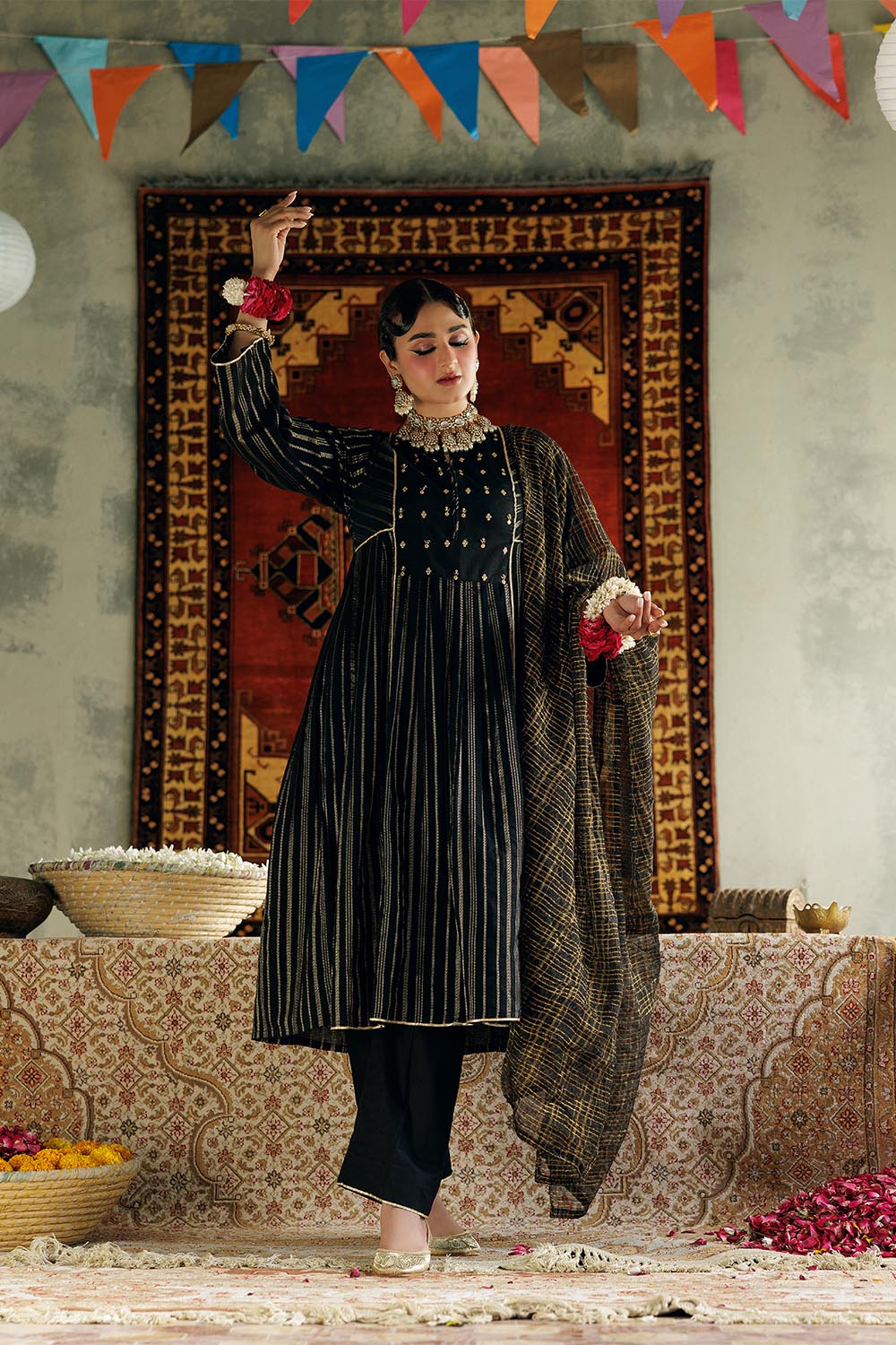 Senorita Women RTW Women Solids Black and Gold Casual Plus 3 Piece Suit Cotton Dobby LBD-02973 - Winter Collection