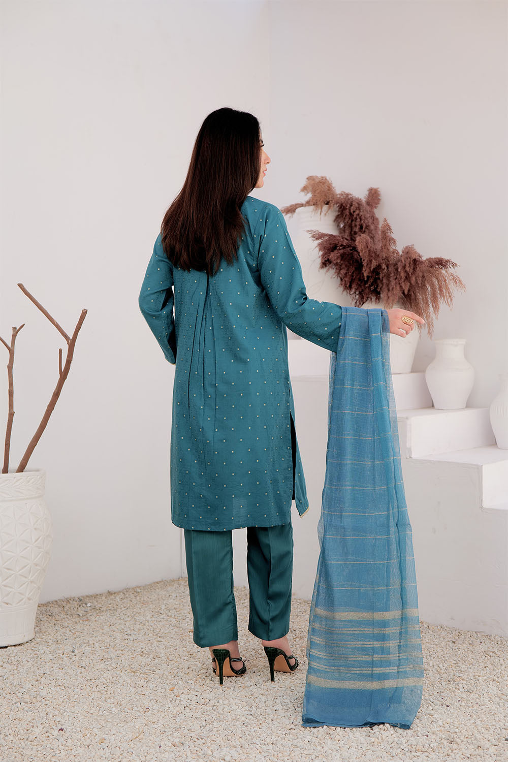 Senorita Women RTW Women Solids Turqouise Green and Gold Casual Plus 3 Piece Suit Cotton Viscose Filament Jacquard LBD-02709 - Winter Collection