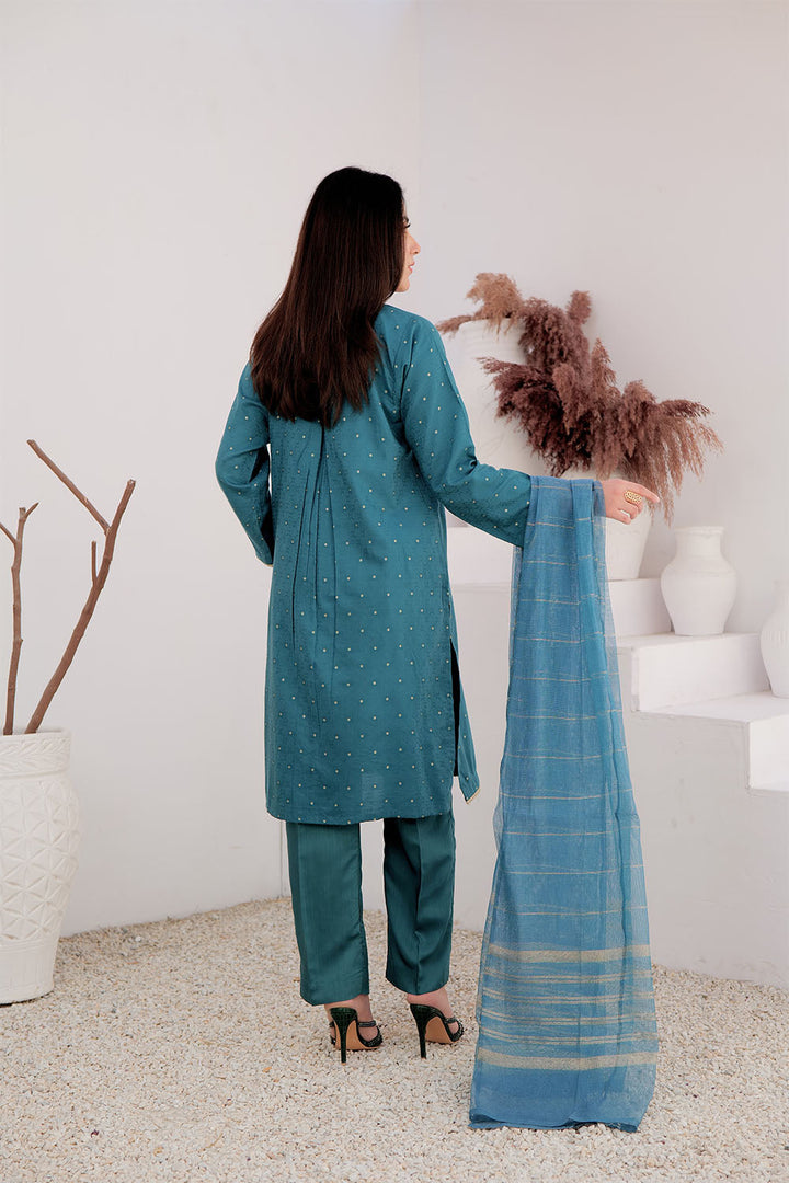 Senorita Women RTW Women Solids Turqouise Green and Gold Casual Plus 3 Piece Suit Cotton Viscose Filament Jacquard LBD-02709 - Winter Collection