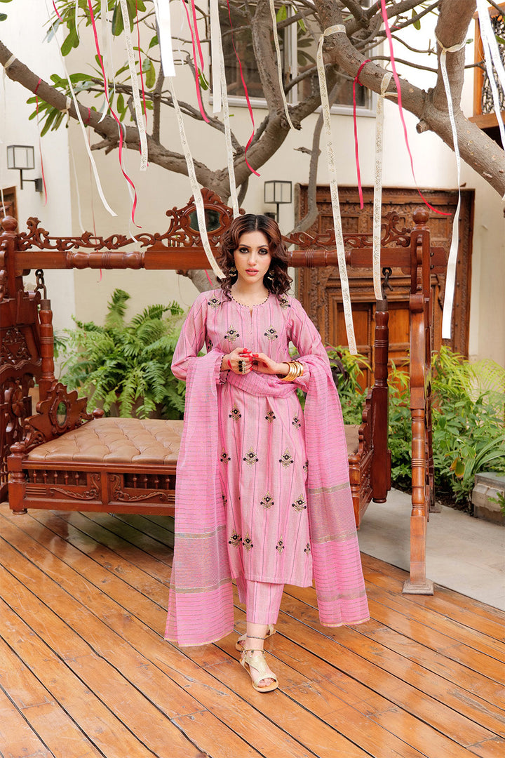 Senorita Women RTW Women Embroidered Pink and Black Casual plus 3 Piece Suit Cotton Yarn dyed Jacquard LBD-02561 - Summer Collection