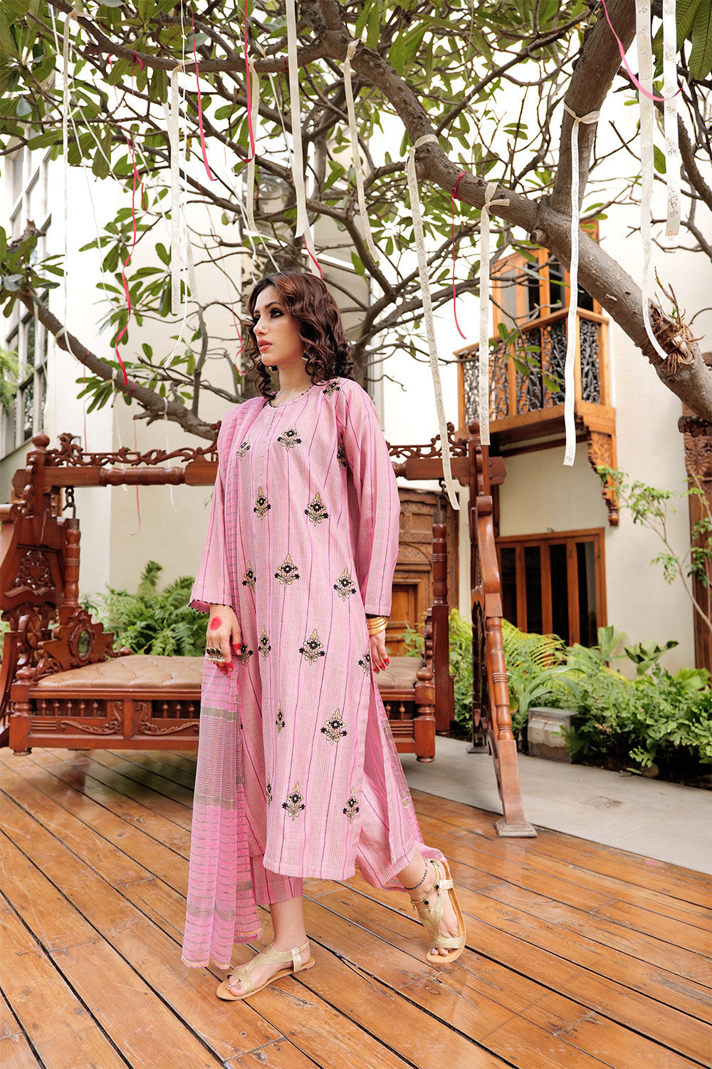 Senorita Women RTW Women Embroidered Pink and Black Casual plus 3 Piece Suit Cotton Yarn dyed Jacquard LBD-02561 - Summer Collection