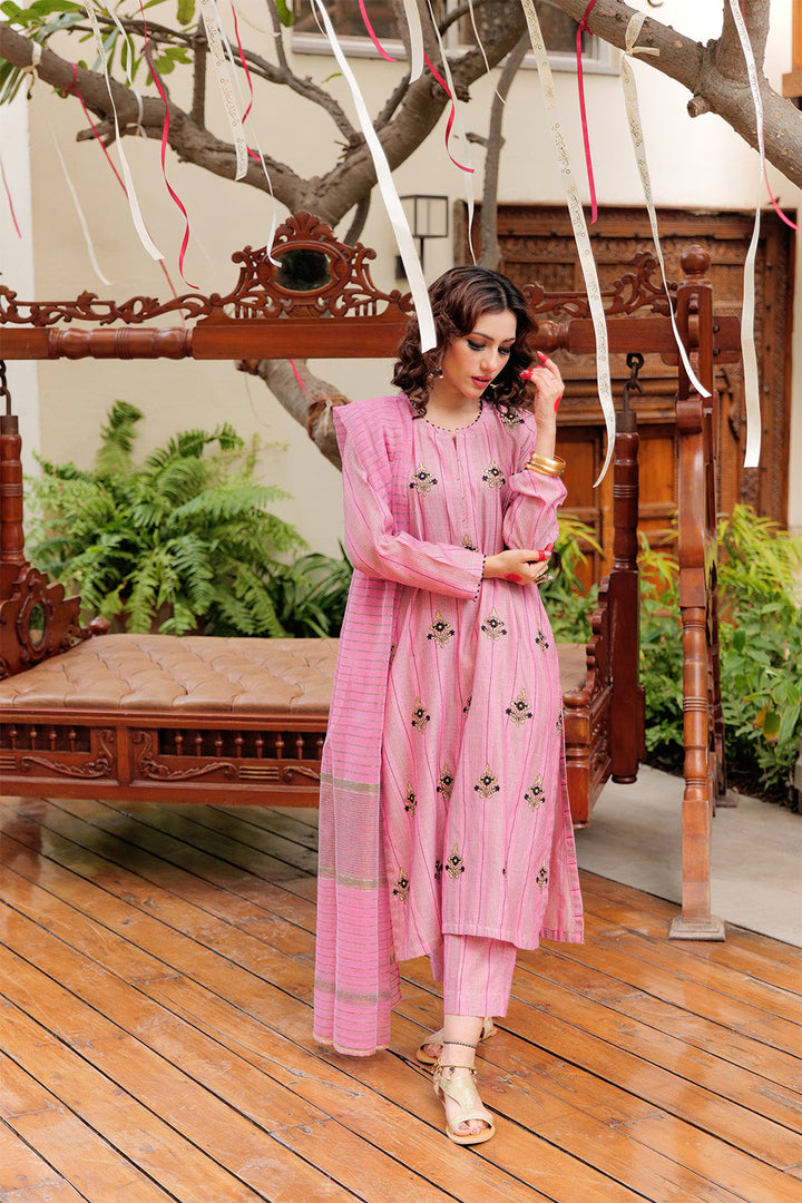 Senorita Women RTW Women Embroidered Pink and Black Casual plus 3 Piece Suit Cotton Yarn dyed Jacquard LBD-02561 - Summer Collection