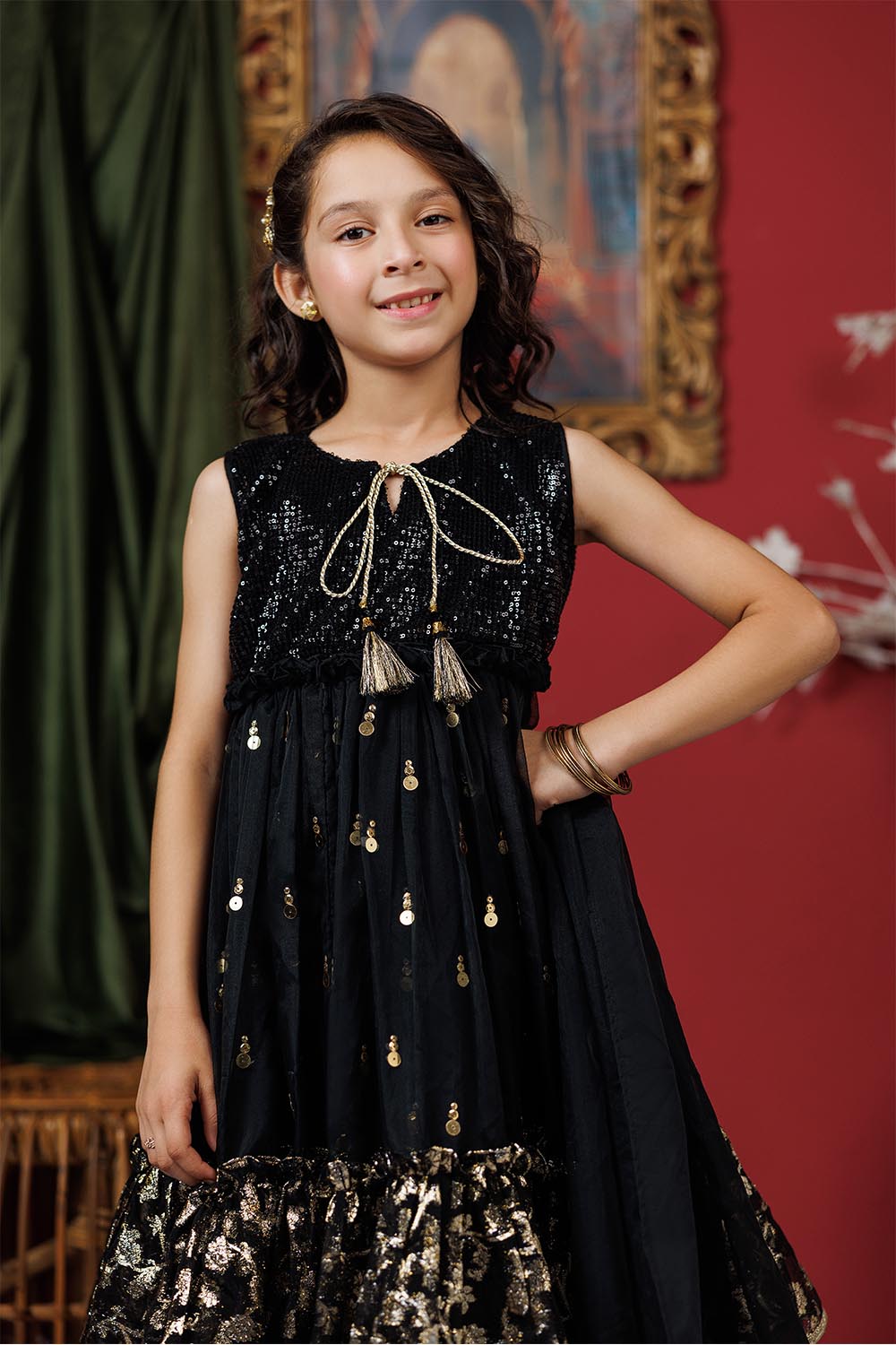 Senorita Kids RTW Black and Gold Formal 3 Piece Suit Polyester Organza Jacquard KDD-03019 - Summer Collection