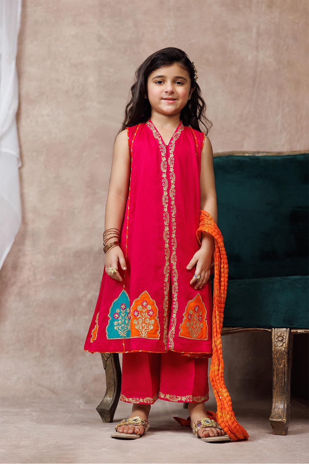 Senorita Kids RTW Shocking Pink and Multicolor Formal 3 Piece Suit Viscose Raw-Silk KDD-03107 - Summer Collection