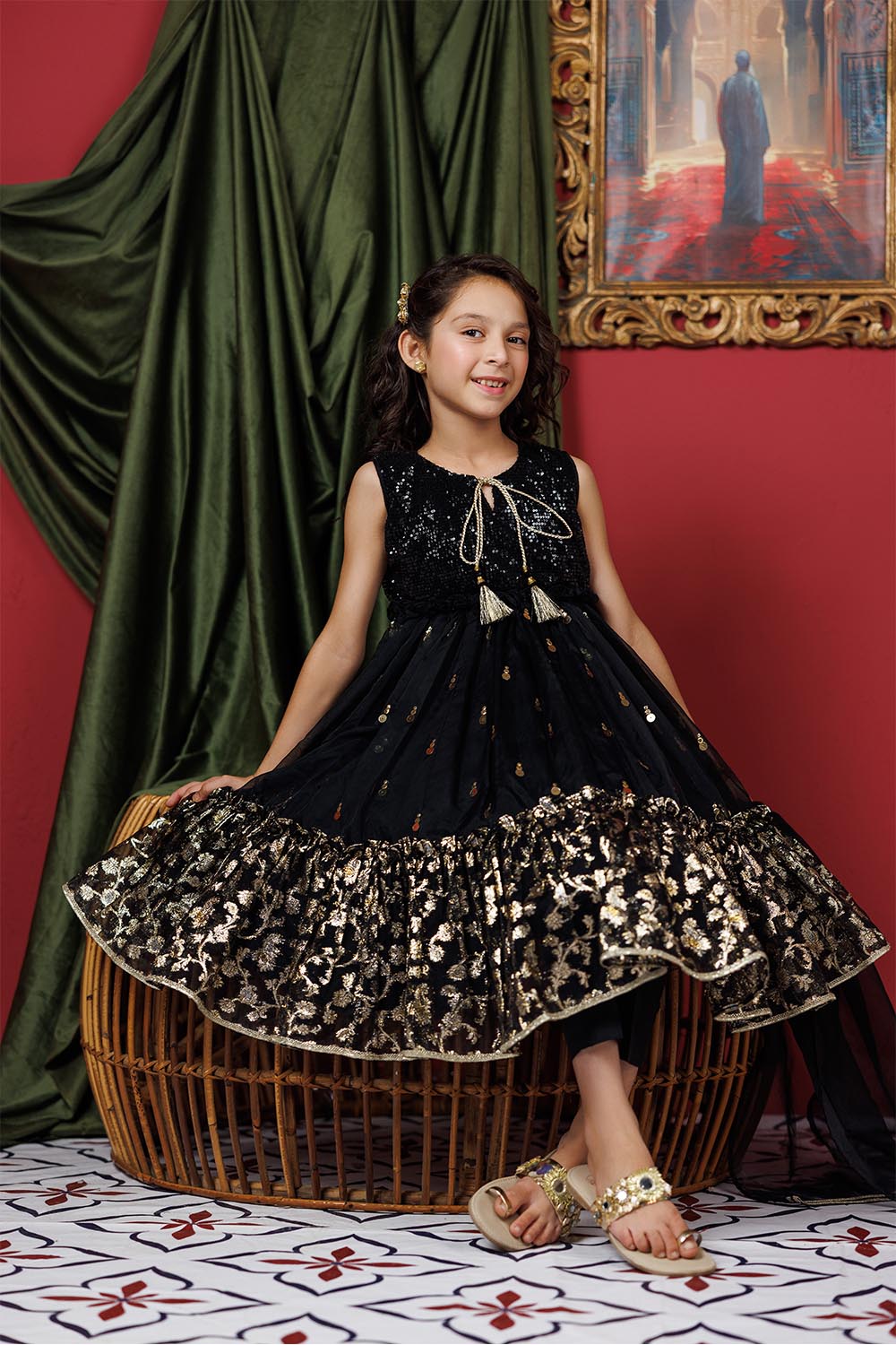 Senorita Kids RTW Black and Gold Formal 3 Piece Suit Polyester Organza Jacquard KDD-03019 - Summer Collection