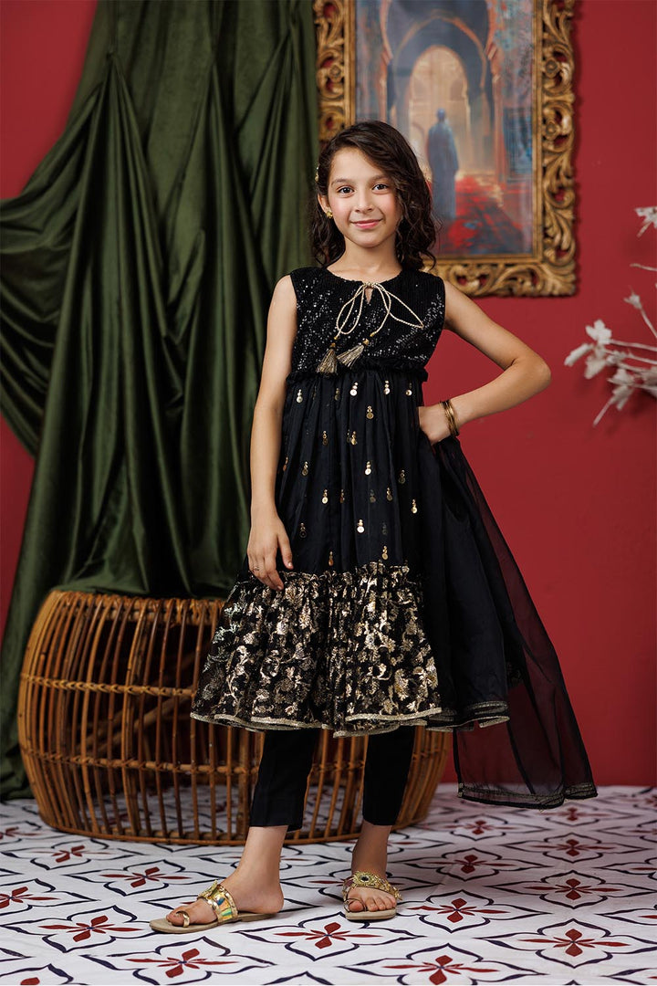 Senorita Kids RTW Black and Gold Formal 3 Piece Suit Polyester Organza Jacquard KDD-03019 - Summer Collection