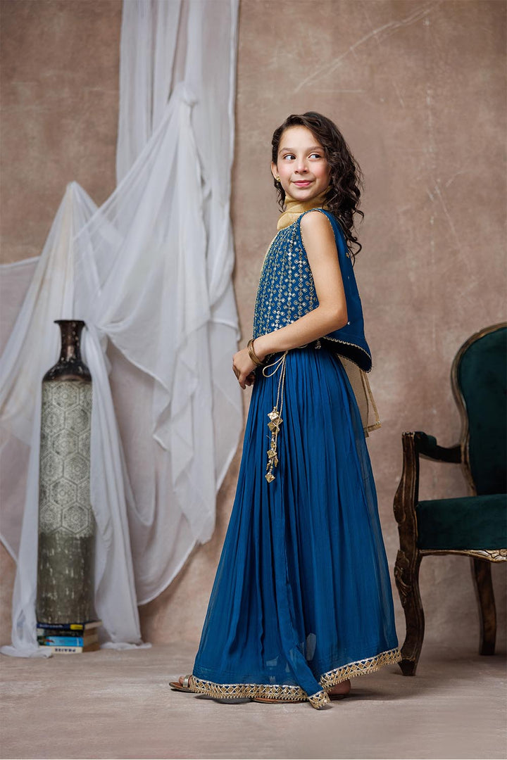 Senorita Kids RTW Kids formal clothes Turquoise Blue and Golden Formal 3 Piece Suit Viscose Crinkle Chiffon KDD-03065 - Summer Collection