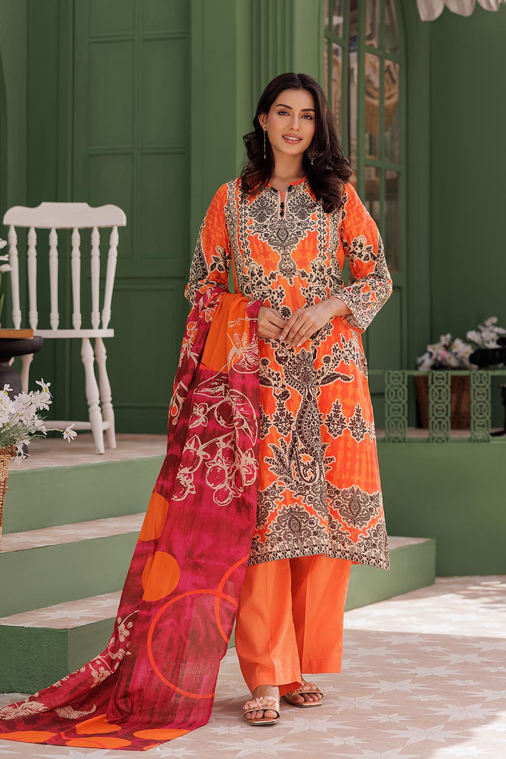Senorita Women RTW Women Orange and Multicolor Casual 3 Piece Suit Cotton Lawn Printed LAD-03012 - Summer Collection