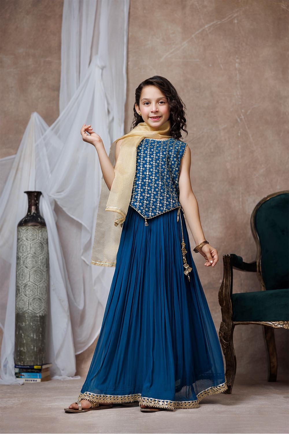 Senorita Kids RTW Kids formal clothes Turquoise Blue and Golden Formal 3 Piece Suit Viscose Crinkle Chiffon KDD-03065 - Summer Collection