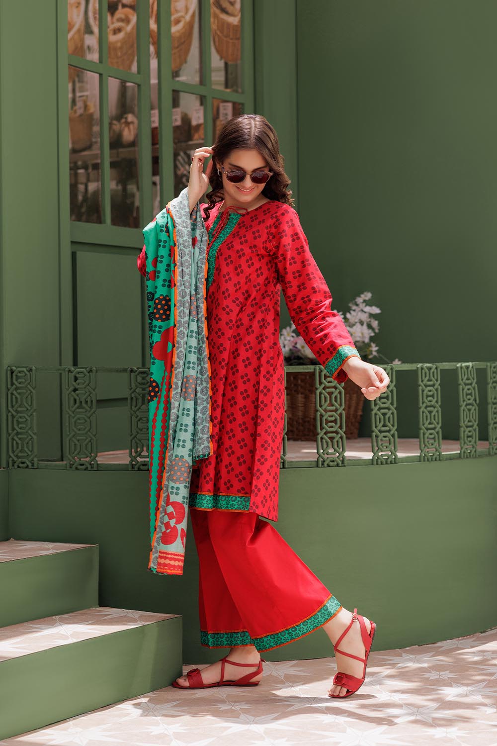 Senorita Girls Ready to Wear Girls Red and Multicolor Casual 3 Piece Suit Cotton Lawn Printed GAD-03058 - Summer Collection
