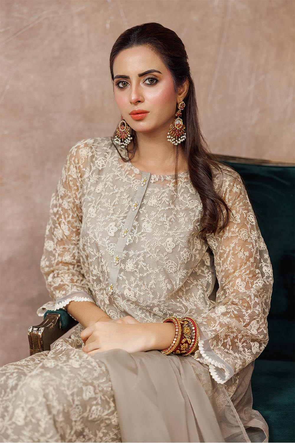 Senorita Women RTW Women Solids Beige and Fawn Formal 3 Piece Suit Banarsi Organza Plain Nylon LDD-03094 - Winter Collection