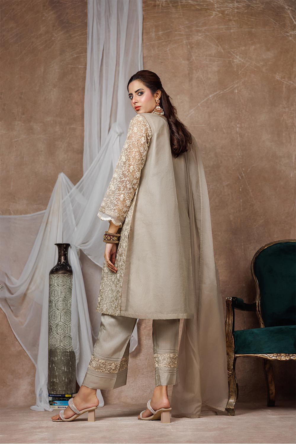 Senorita Women RTW Women Solids Beige and Fawn Formal 3 Piece Suit Banarsi Organza Plain Nylon LDD-03094 - Winter Collection