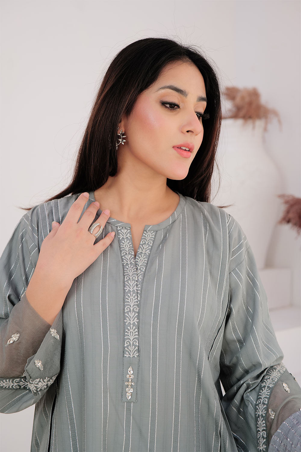 Senorita Women RTW Women Solids Grey and Silver Casual Plus 3 Piece Suit Cotton Dobby Jacquard LBD-02896 - Winter Collection