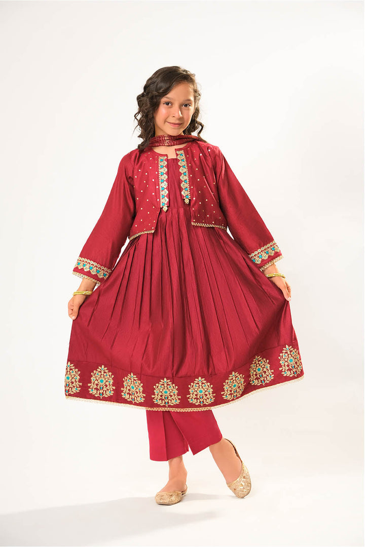 Senorita Kids RTW Kids formal clothes Maroon and Gold Formal 3 Piece Suit Viscose Chambray Katan KDD-03070 - Summer Collection