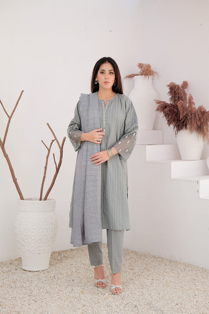 Senorita Women RTW Women Solids Grey and Silver Casual Plus 3 Piece Suit Cotton Dobby Jacquard LBD-02896 - Winter Collection