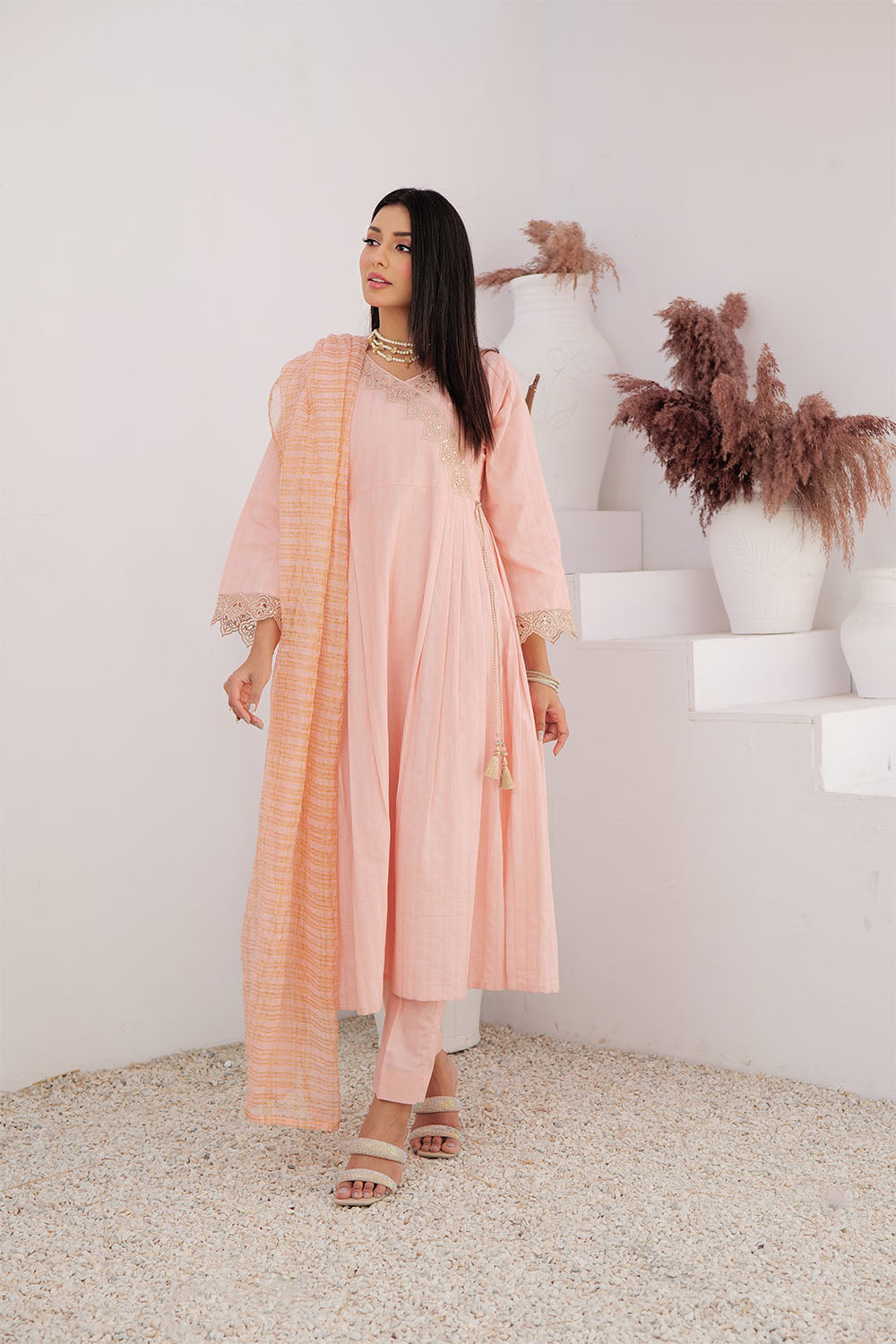 Senorita Women RTW Women Solids Peach and Gold Casual Plus 3 Piece Suit Cotton Dobby LBD-02972 - Winter Collection